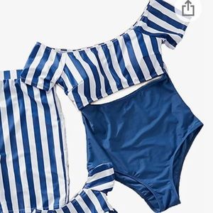Nautical Swimsuit Size XL Navy Blue Stripes